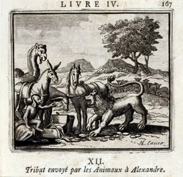 Tributo enviado por los animales a Alejandro. Fábulas de Jean de La Fontaine (1621-95). Ilustración de François Chauveau (1613-1676). Edición de 1728.