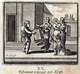 Voluntad explicada por Esopo. Fábulas de Jean de La Fontaine (1621-95). Ilustración de François Chauveau (1613-1676). Edición de 1728.