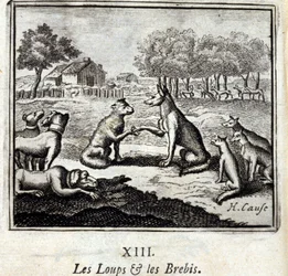 Lobos y ovejas. Fábulas de Jean de La Fontaine (1621-95). Ilustración de François Chauveau (1613-1676). Edición de 1728.