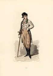 Hombre con abrigo holgado, chaleco, pantalones y botas