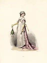 Mujer con vestido color pensamiento, delantal y chal