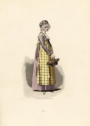 Mujer con vestido de pensamiento y delantal color paja