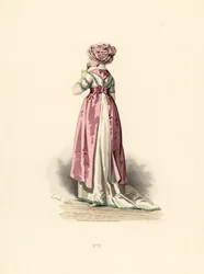 Mujer con vestido blanco y corsé con ribete verde, delantal rosa