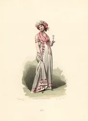 Mujer con vestido blanco, fichu rosa y corsage