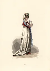 Mujer con vestido blanco y ribetes de terciopelo negro