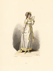 Mujer con vestido blanco con ribete amarillo y abanico