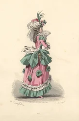 Mujer a la moda con vestido con rosetones, era de María Antonieta