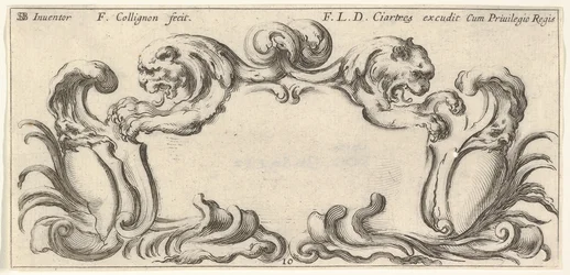 Placa 10: un cartucho con las cabezas de dos leones en perfil a la izquierda y derecha, ca. 1640-45