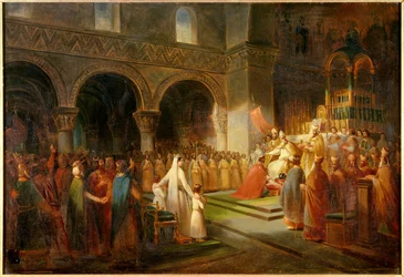 Sagrado de Pipino el Breve por el Papa Esteban II en la Abadía de Saint Denis el 28 de julio de 754