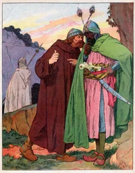 Ganelon informa las palabras del emperador Carlomagno (742-814) al enemigo (Cantar de Roldán) (Materia de Francia) - Ilustración de François Zier (1856-1924) tomada de Nos-Gloriers-Nationales alrededor de 1920
