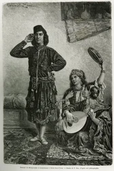 Bailarina y músicos de Mesopotamia, en San Juan de Acre. Grabado por E.Zier, para ilustrar la historia La Siria de hoy, por M. Lortet, decano de la Facultad de Medicina de Lyon, encargado de una misión científica por el Ministerio de Educación Pública, pub