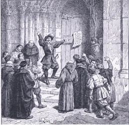 Robert Aske fijando su proclamación en la puerta de la Catedral de York, de la Historia del Pueblo Británico de Cassell publicada por la Waverley Book Company, c.1950