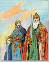 El rey franco Carlos el Grande y el caballero francés Roldán de Roncesvalles - Carlomagno y el Caballero Roldán (736-778) - Ilustración de François Zier (1856-1924) tomada de "Nos-Gires-Nationales" alrededor de 1920