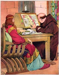 El rey de los francos Carlomagno (742-814) hablando con Alcuino (731-804), monje inglés de York, precursor de la reforma de la escuela, Aquisgrán 782