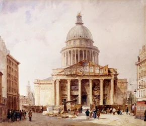Vista del Panteón en construcción en París desde la rue Soufflot