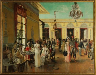 Café Frascati (París, Francia), una escena en la época de Napoleón (finales del siglo XVIII-1815) - Pintura de Francois Flameng (1856-1923), óleo sobre madera