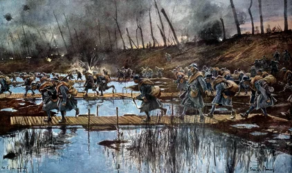 Primera Guerra Mundial (1914-1918): «El paso del Yser durante la ofensiva de Flandes en 1917». Acuarela de François Flameng (1856-1923), 1917, 30 x 50 cm. París, Musée de l
