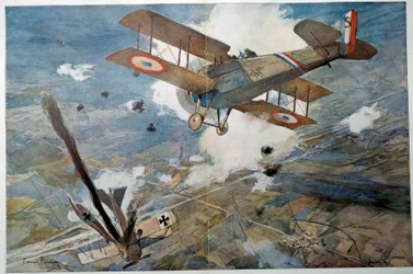 Primera Guerra Mundial «Combate aéreo». El avión enemigo cae en llamas. Acuarela de François Flameng (1856-1923), 1918, colección privada
