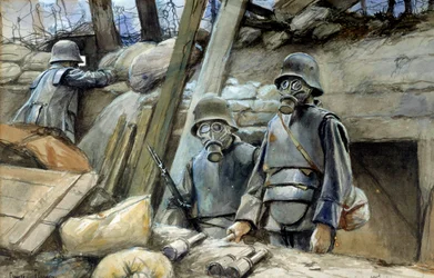 Primera Guerra Mundial: soldados alemanes con armaduras de trinchera y máscaras antigás, agosto de 1917. Acuarela de François Flameng (1856-1923). 0,3 x 0,48 m. París, Musée de l