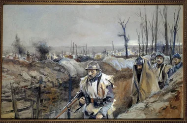 Primera Guerra Mundial: «Vista de Souchez (en Artois), una trinchera el 18/12/1915». Acuarela de Francois Flameng (1856-1923), diciembre de 1915, dom., 0,3x0,48 m, París, Musée de l