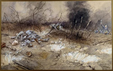 Primera Guerra Mundial: escena de la batalla de La Craonne el 5/04/1917. Cuerpos de soldados de infantería tendidos entre el alambre de espino. Acuarela de François Flameng (1856-1923). Sol. 0,3 x 0,56 m. París, Musée de l