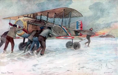 Personal de tierra atendiendo un SPAD francés en un campo cubierto de nieve, 1918, 1926.