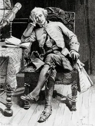 Retrato de Guy Mannering, personaje principal de Guy Mannering o astrólogo, novela de Walter Scott (1771-1832), grabado según dibujo de François Flameng (1856-1923), de la edición parisina.