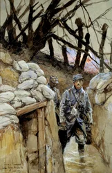 Primera Guerra Mundial: «Un soldado de servicio de sopa en la trinchera de Notre-Dame-de-Lorette, 28/06/1915». Acuarela de François Flameng (1856-1923), junio de 1915, sol. 0,3 x 0,48 m, París, Musée de l
