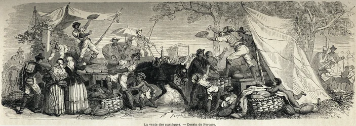 La venta de sandías, dibujo de Ferogio, para ilustrar Nápoles y los napolitanos, en 1861, por Marc Monnier (1829-1885). Grabado en "Le tour du monde" 1861. Colección de Selva.