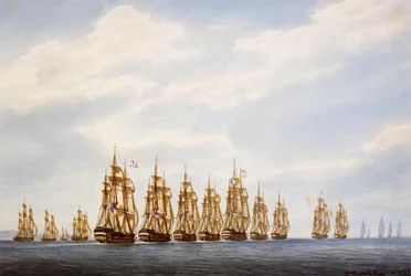 Partida de escuadrón de nueve barcos, tres fragatas y tres corbetas, acuarela de François Roux, Francia