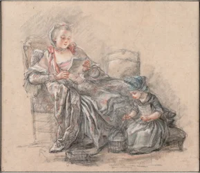 Mujer leyendo y una niña jugando (presumiblemente la marquesa de Pompadour con su hija Alexandrine), 1748