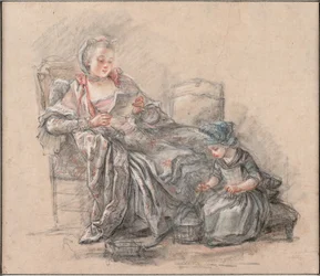 Mujer leyendo y una niña jugando Marquesa de Pompadour con su hija Alexandrine, ca 1748