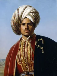 Retrato de un príncipe otomano, medio cuerpo, en rojo y oro