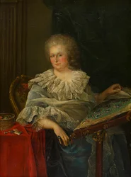 Retrato de la vizcondesa Torrington sentada en su bordado, c.1747-75 (óleo en panel)