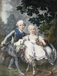 El Conde de Artois niño (futuro Rey Carlos X) (1757-1836) y su hermana Marie Clotilde Xavière (futura Reina de Cerdeña) (1759-1802) - representados en 1764. Grabado del siglo XIX después de la pintura de François Hubert Drouais.