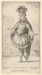 Habit de Roy: un hombre con un tonnelet decorado con rosetones, una corona y un turbante, ca. 1721