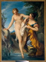 Una bañista y su acompañante. Pintura de François Le Moyne (1688-1737). Siglo XVIII. Dimensiones 1,63 x 1,17 m. Tours, Musée des Beaux-Arts