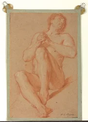 Desnudo académico sentado con las manos juntas, c.1723-24 (tiza roja y blanca sobre papel marrón claro)