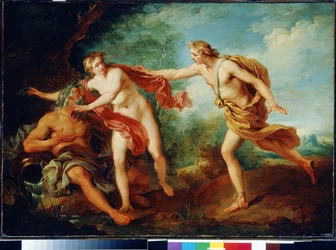 Apolo y Dafne con su padre, el dios del río Penee. Pintura de Francois Le Moyne (1688-1737). Óleo sobre tela. Pintura francesa del siglo XVIII. Museo Estatal Arkhangelskoye Estate, Moscú