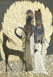 Dos mujeres estilizadas con un antílope entre follajes, c.1928