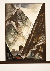 Prometeo siendo clavado a la roca por Hefesto, Kratos y Bia de Prometeo Encadenado de Esquilo, pub. 1941