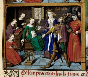 Escenas de la vida de Carlomagno (742-814) rey de los francos: el emperador visita a mujeres hilando lana. Miniatura tomada del manuscrito “Speculum historiale” (Le Mirror historial) de Vincent de Beauvais (1184/94-1264) iluminado por el Maestro Franc