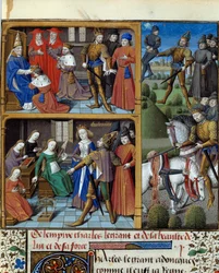 Escenas de la vida del Rey de los Francos Carlomagno (742-814). Miniatura tomada del manuscrito "Speculum historiale" (El Espejo Historial) de Vincent de Beauvais (1184/94-1264) iluminado por el Maestro François (siglo XV). Chantilly, Conde