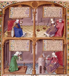 Las cuatro virtudes cardinales: Prudencia, Fortaleza, Continencia y Justicia (página de un manuscrito de Séneca)