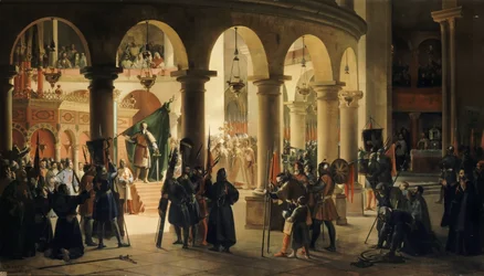 Godofredo de Bouillon deposita en la iglesia del Santo Sepulcro los trofeos de Ascalón