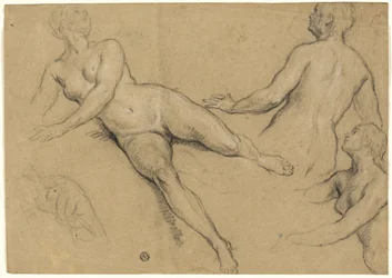 Hoja de estudios: Tres mujeres y una mano (anverso); Bocetos de desnudos masculinos, cabezas y mano (reverso)