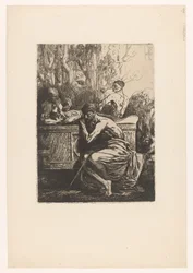 Actuación clásica con hombres alrededor de un sarcófago. Homme devant un tombeau antiguo Improvisaciones sur cuivre (título de la serie)