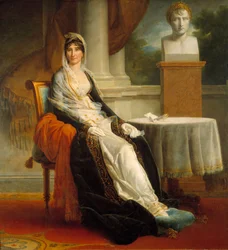 Retrato de cuerpo entero de Laetitia Bonaparte (Letizia Maria Ramolino) (1750-1836) Sra. Mere frente al busto de su hijo el emperador Napoleón I (1769-1821)