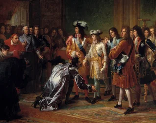 Proclamación del Duque de Anjou, Rey de España bajo el nombre de Felipe V, el 16 de noviembre de 1700 (con traje azul, detrás del cardenal a la izquierda, se encuentra Jacques-Benigne Bossuet). Pintura de François Gérard (1770-1837). Siglo XVIII