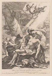 Martelaarschap van de heilige Sebastiaan El caballero mayor tiene que cubrir con los golpes (...) (título sobre objeto)